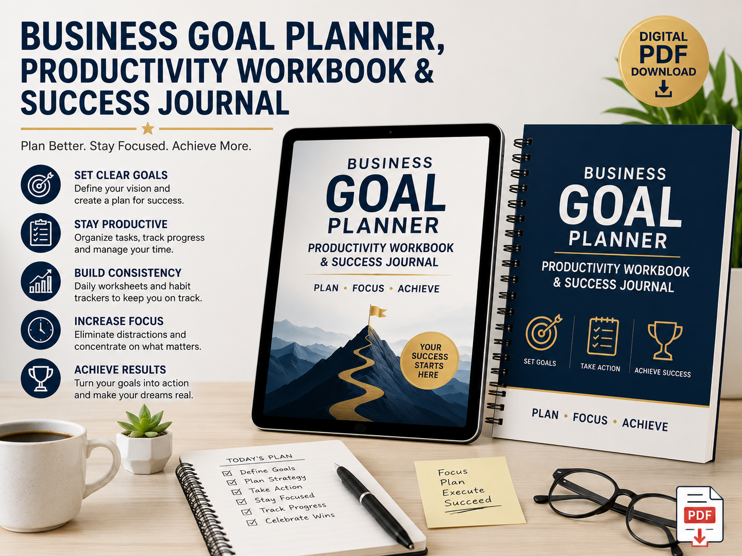 Business Goal Planner, Productivity Workbook & Success Journal (Digital PDF)